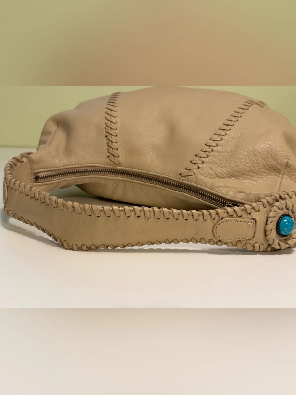Franco Sarto Leather Hobo Shoulder Bag Beige Faux Turquoise Bead Accents REFURB
